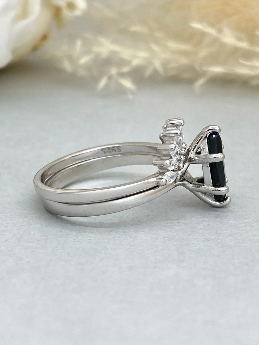 Black CZ Marquise Cut 2pc Sterling Silver Solitaire Stacking Band Ring Set